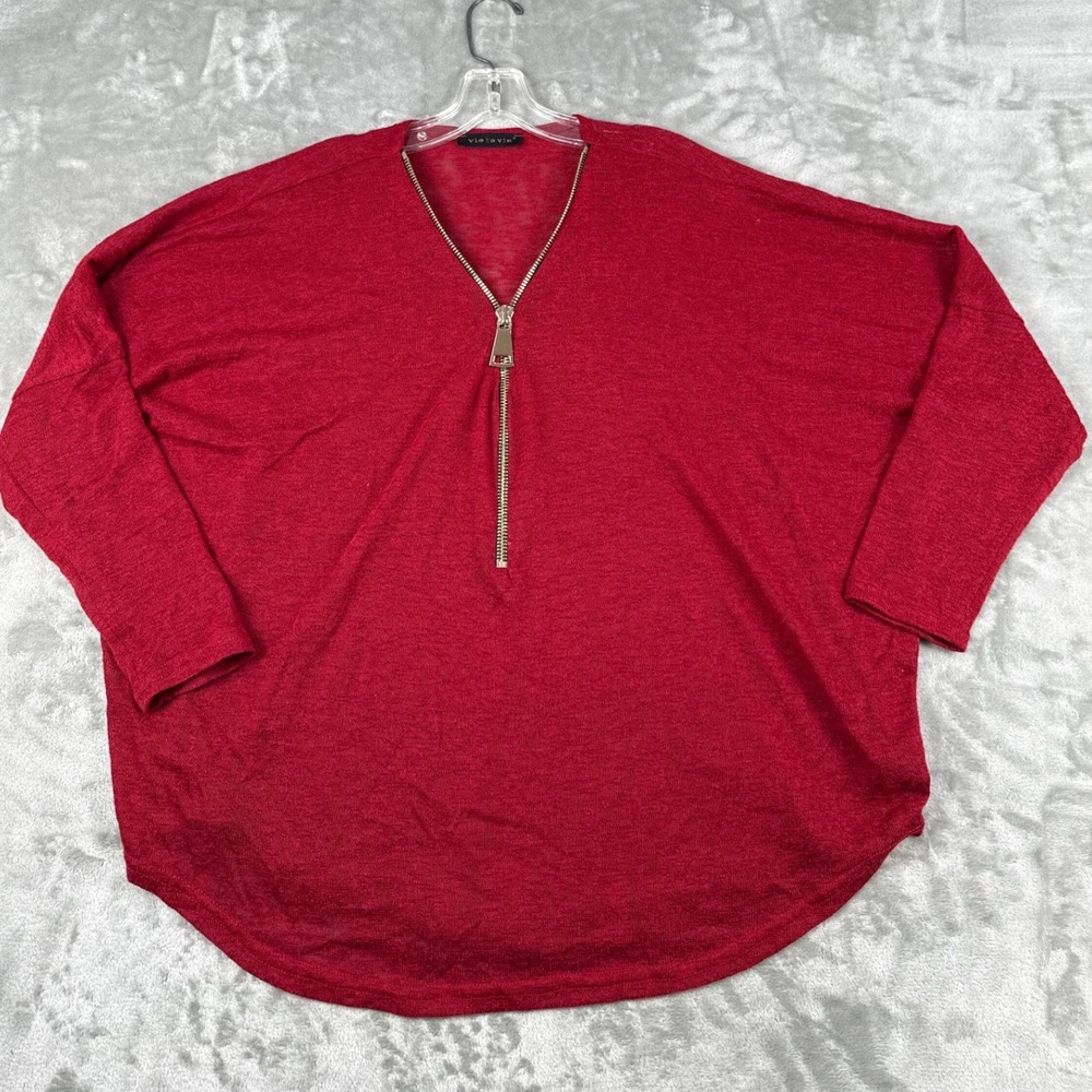 Vie Ta Vie Red Oversized Quarter Zip Knit Pullover Top Made in France TU Sz M